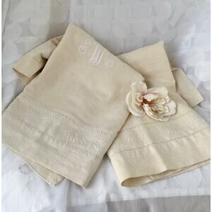 Vintage Pottery Barn Linen Cotton Pillow Shams Ecru Beige embroidered monogram